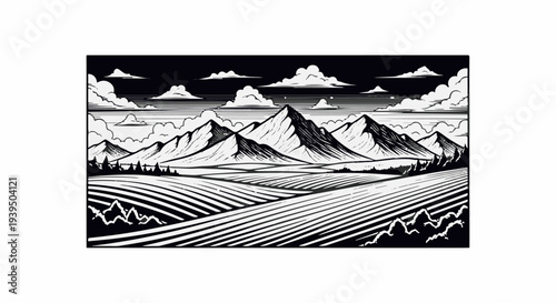 Stylized monochrome landscape with rolling hills and sharp mountains under clouds