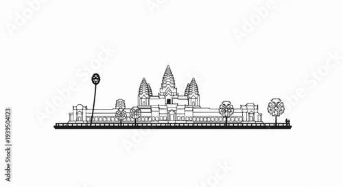 Stylized monochrome line drawing of a grand ancient temple complex with towers and trees