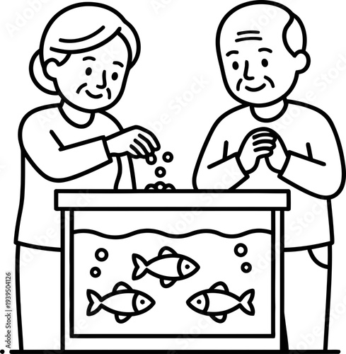 Senior woman and man feeding fish in an aquarium, depicting companionship and care. Vector illustration for pet care, hobby concept