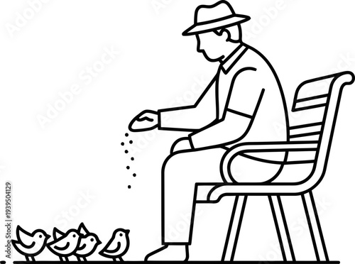 Older man feeding small birds from his hand while sitting on a park bench, simple line art style concept vector illustration