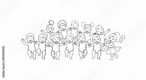 A diverse group of happy, smiling babies and toddlers linked together, arms outstretched