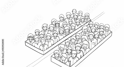 A diverse group of people are seated in two rows facing forward