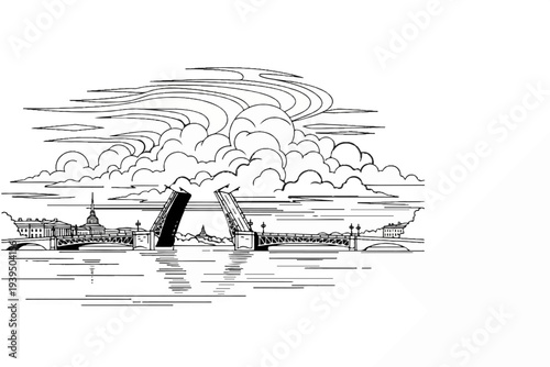 A drawbridge opens over water beneath a dramatic cloudy sky and a city skyline