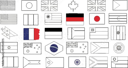 A grid of national flags and symbols in outline and a few colored