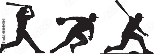 Baseball players silhouette icon set