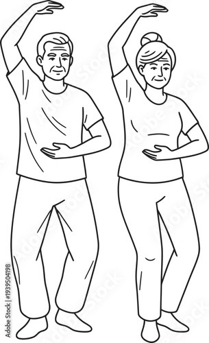 Senior man and woman doing tai chi exercise. Healthy aging and well-being concept. Simple outline vector illustration for fitness program, health guide