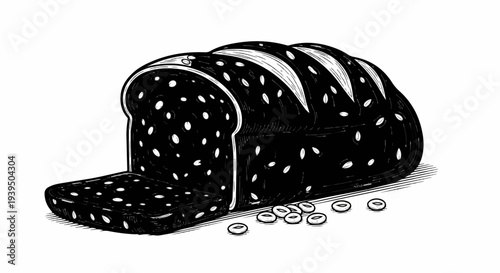 A slice of dark bread with visible seeds, next to a loaf