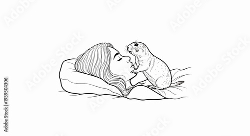 A stylized sketch of a person with closed eyes and a prairie dog interacting