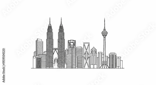 A stark, linear illustration of a city skyline with iconic twin towers