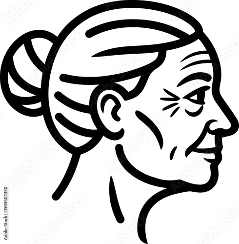 Head profile of an elderly woman with hair bun and wrinkles. Senior age concept. Black and white vector illustration for avatar, icon, symbol