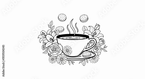 A steaming cup of coffee surrounded by elegant flowers and tasty cookies