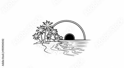 A stylized tropical beach scene with palm trees and a sunset over the ocean