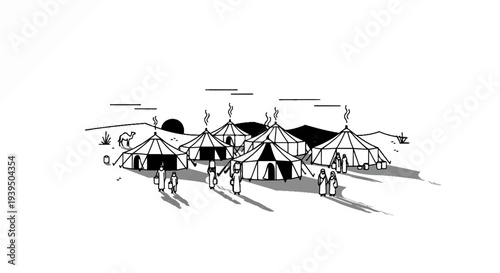 A desert encampment with people, camels, and tents under a setting sun