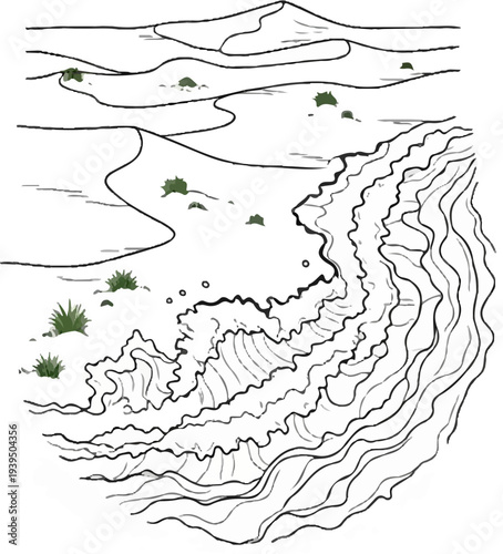 Stylized depiction of rolling dunes with sparse vegetation and textured foreground
