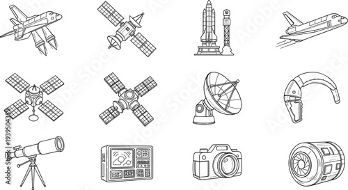 Black silhouette vector illustration of space shuttle, satellites, telescope, helmet, rocket thruster, and control panel for astronomy, aerospace, and exploration projects