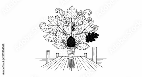 A stylized arrangement of autumn leaves tied with twine on a wooden dock