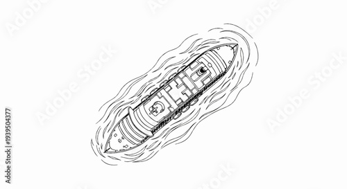 A stylized line drawing shows a ship moving through wavy water