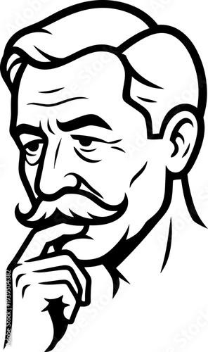 Thoughtful man with mustache and finger on chin. Pensive face. Problem solving concept. Old fashioned style. Vector illustration for avatar