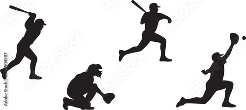 Baseball players silhouette icon set