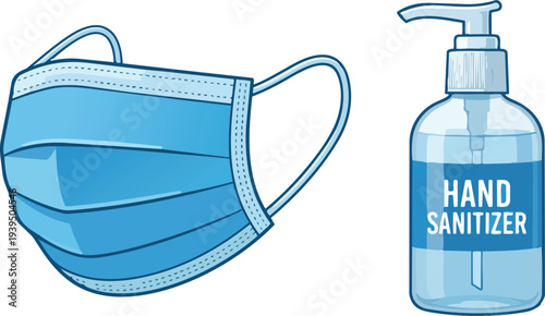 Hygiene Prevention Vector Illustration Featuring Light Blue Surgical Face Mask and Clear Sanitizer Gel Bottle with Pump Dispenser for Health Safety