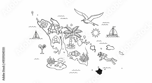 A hand-drawn map illustrating tropical island life with sea creatures, plants, and activities