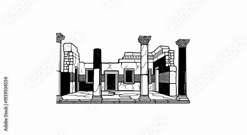 Ancient ruins with columns, cracked stone walls, and vacant doorways