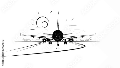 A jet airplane on a runway at sunset