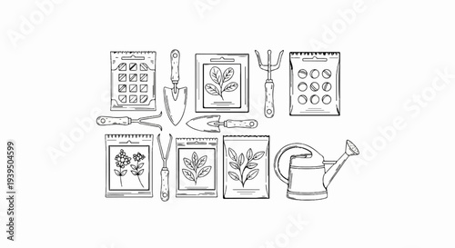 An assortment of gardening tools and seed packets arranged on a white background