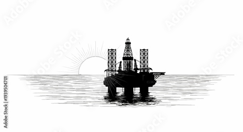 Black silhouette of an oil rig on a stylized sea with a sunburst background