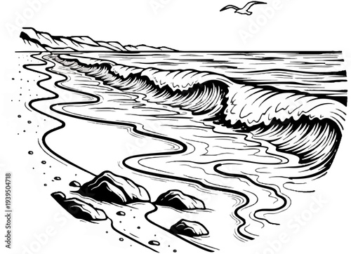 Black and white line drawing of a wave crashing on a sandy beach with hills in background