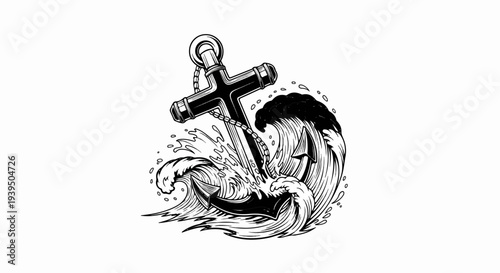 Black and white illustration of an anchor tossed in stormy seas