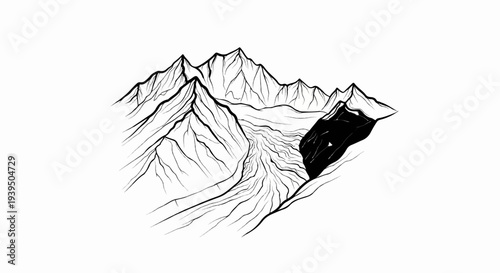Black and white line drawing of a rugged mountain range with a glacier