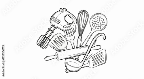 Collection of assorted kitchen utensils including a whisk, mixer, and rolling pin