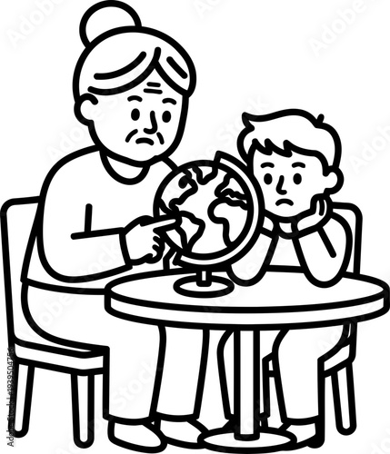 Grandmother and a boy learning from a world globe. Intergenerational education concept. Doodle outline vector illustration for educational material