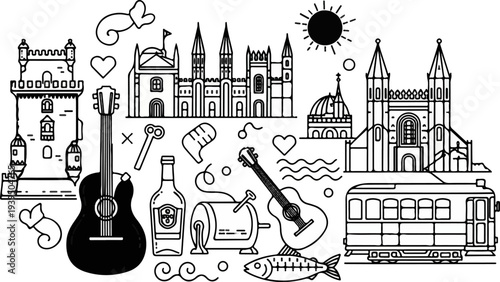 A lively collection of iconic structures, musical instruments, and cultural symbols