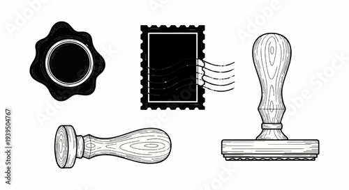 Collection of classic stationery items wax seal, stamp, and wooden handled rubber stamps