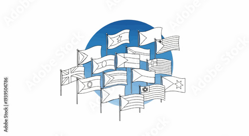 Collection of various national flags fluttering against a blue sky