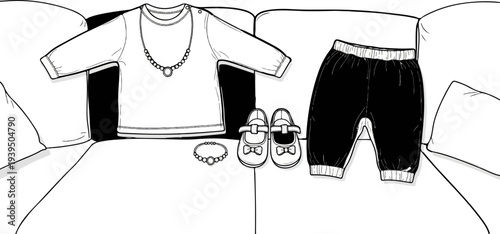 Baby outfit with necklace, bracelet, and shoes on a couch