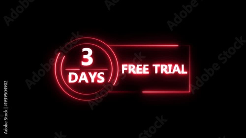 Neon bright 3 Days Free Trial Banner icon circle frame red color animation. Business nice products 3 days free trial offer video. 
