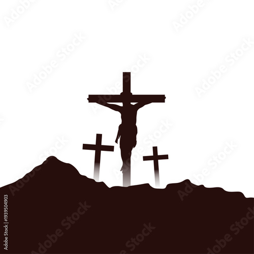 Jesus crucifixion silhouette on hill with three crosses at sunset