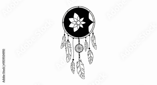 Black and white dream catcher with feathers and intricate patterns