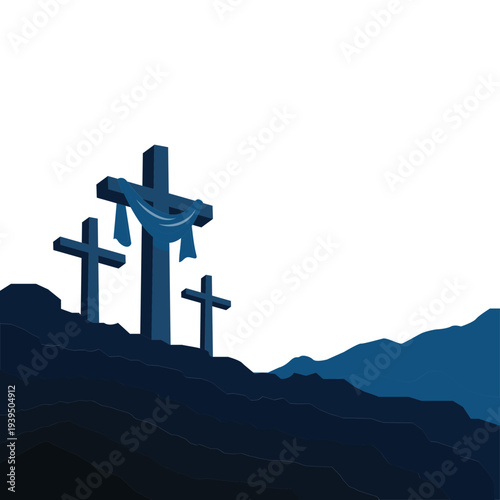 Three crosses with cloth on hill minimalist Good Friday background