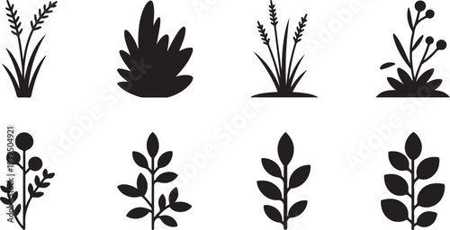 bush grass shrub herb silhouette icon set