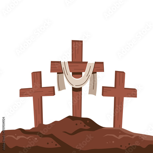 Wooden crosses on Calvary hill representing Good Friday sacrifice