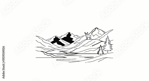 A serene mountain landscape with a deer overlooking a tranquil lake