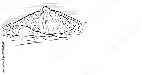 A stark black and white line drawing depicts a majestic mountain peak