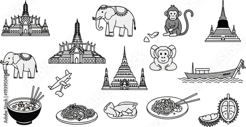 Collection of iconic buildings, animals, transport, and food items