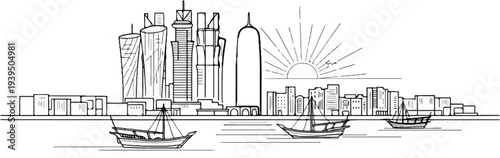 Stylized cityscape with traditional boats at sunrise