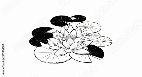 Black and white illustration of a water lily and lily pads