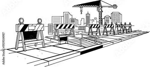 Construction scene with traffic barriers, a crane, and city buildings in the background